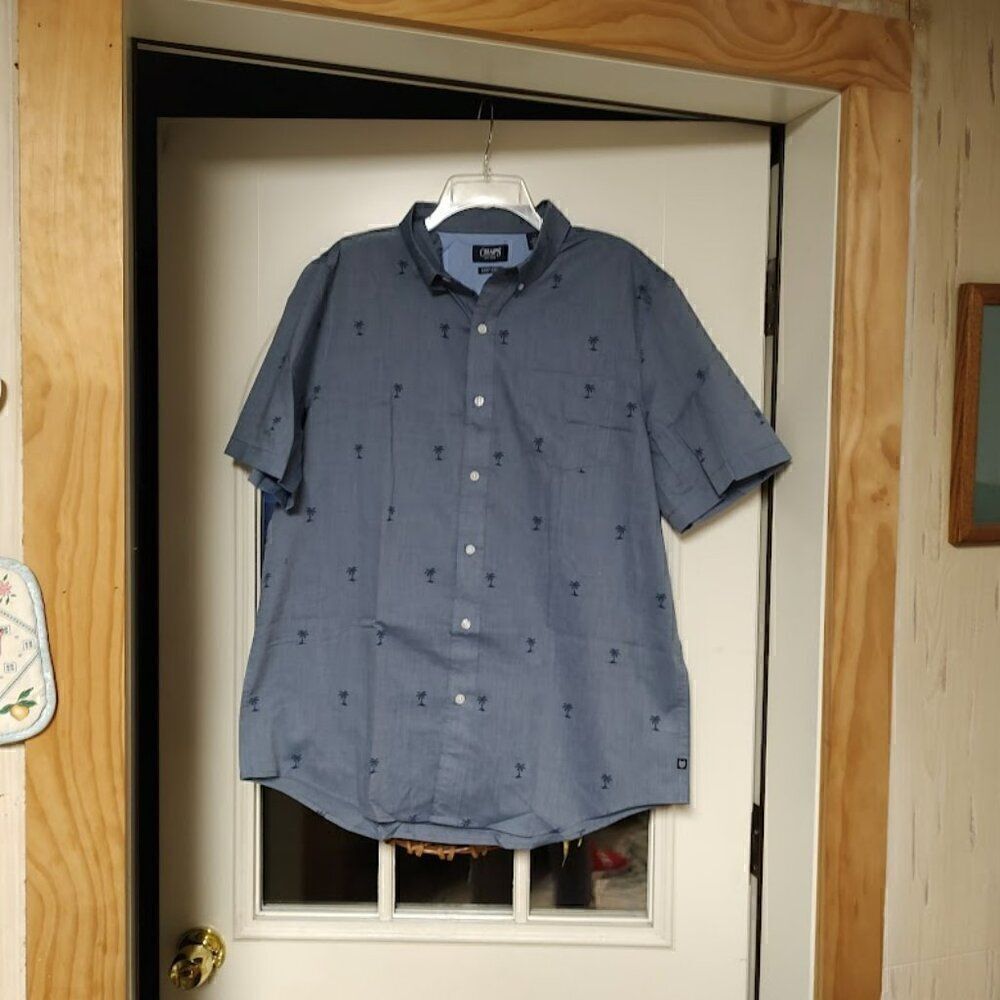 New Chaps Blue With Palm Trees Short Sleeve Button Down Shirt Size Men's L